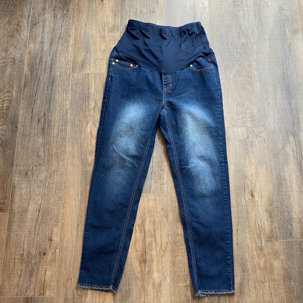 Oh! Mamma Maternity Skinny‎ Jeans Dark Wash Full Panel Raw Hem Size Large (L)